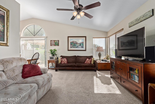 4725 E Brown Rd Unit 79, Mesa, AZ 85205 - living room featuring vaulted ceiling, light colored carpet, and ceiling fan