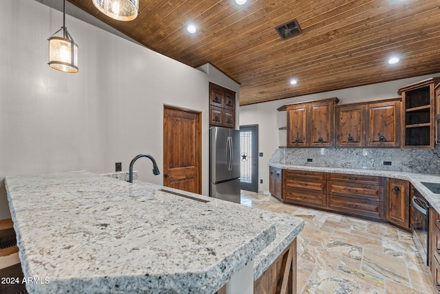 kitchen with stainless steel refrigerator, a sink, open shelves, stone tile floors, and wooden ceiling