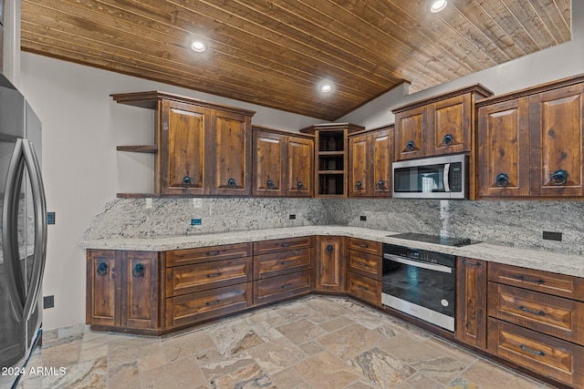 kitchen with wood ceiling, stainless steel appliances, tasteful backsplash, and open shelves