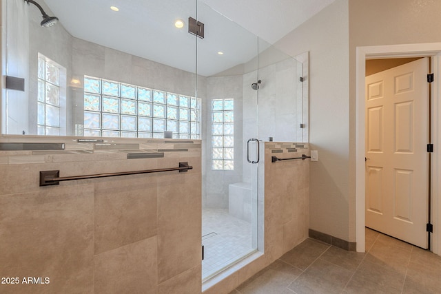 20809 N 17th St, Phoenix, AZ 85024 - bathroom with a stall shower, tile patterned flooring, and lofted ceiling