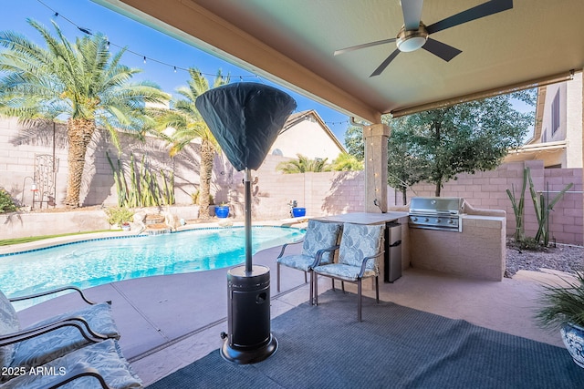 20809 N 17th St, Phoenix, AZ 85024 - view of pool with exterior kitchen, a fenced backyard, ceiling fan, and a patio