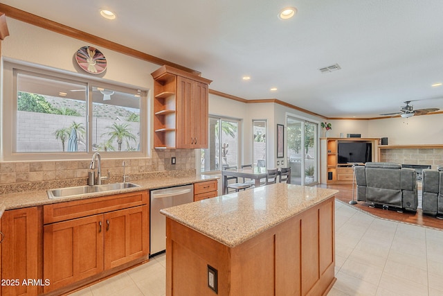 20809 N 17th St, Phoenix, AZ 85024 - kitchen with dishwasher, a center island, light stone countertops, ceiling fan, and open shelves