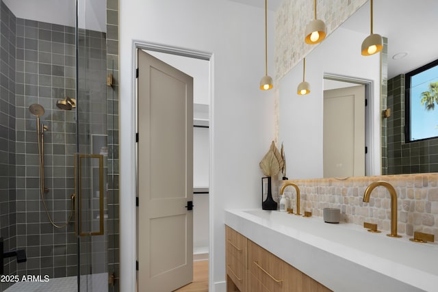 4120 N 44th Pl, Phoenix, AZ 85018 - bathroom featuring tasteful backsplash, a stall shower, and double vanity