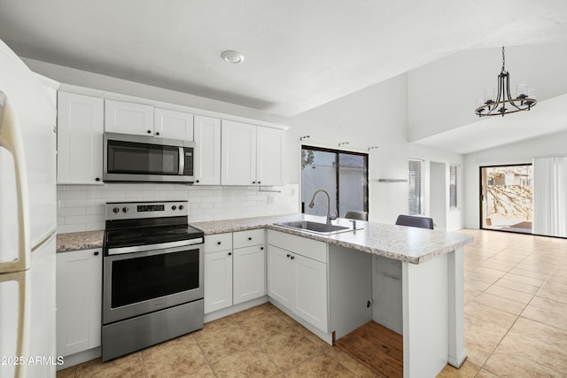 kitchen featuring white cabinetry, sink, kitchen peninsula, and appliances with stainless steel finishes