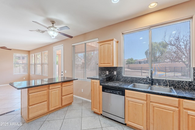20277 N 68th Dr, Glendale, AZ 85308 - kitchen featuring light brown cabinets, stainless steel dishwasher, a ceiling fan, dark countertops, and decorative backsplash