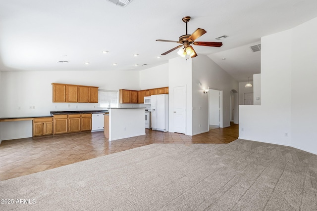 1669 E Santa Fiore St, San Tan Valley, AZ 85140 - unfurnished living room with a ceiling fan, light tile patterned floors, high vaulted ceiling, baseboards, and light carpet