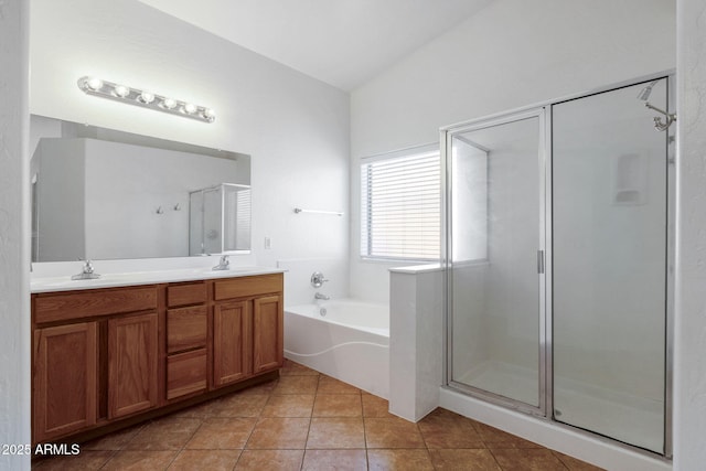 1669 E Santa Fiore St, San Tan Valley, AZ 85140 - full bathroom with a shower stall, a bath, double vanity, and tile patterned floors
