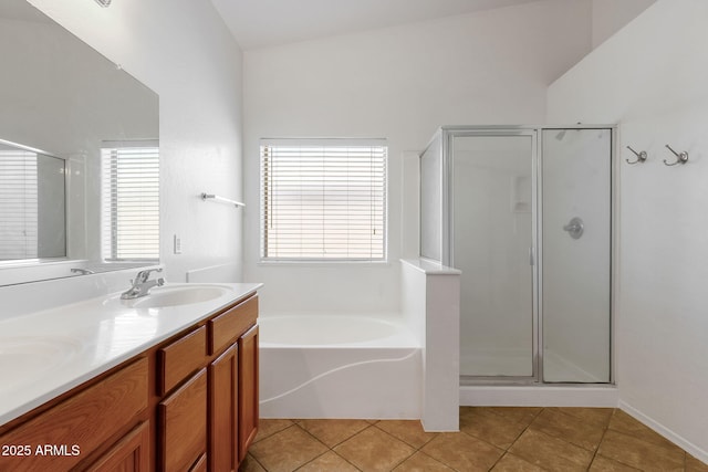 1669 E Santa Fiore St, San Tan Valley, AZ 85140 - full bath with tile patterned flooring, a stall shower, a bath, and double vanity