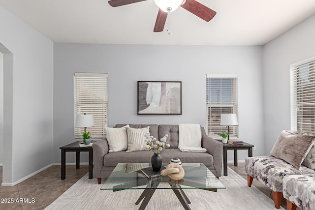 living room featuring ceiling fan