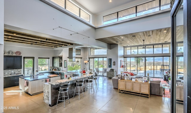 kitchen featuring a spacious island, backsplash, a towering ceiling, open floor plan, and a sink