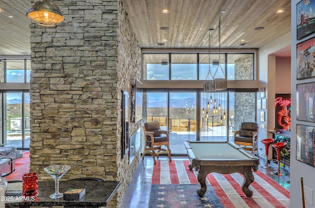 game room featuring recessed lighting, wooden ceiling, billiards, and a high ceiling