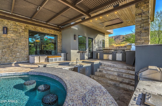 outdoor pool with exterior kitchen