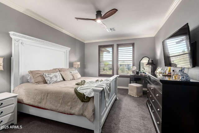 2425 W Bronco Butte Trl Unit 2028, Phoenix, AZ 85085 - bedroom featuring ornamental molding, dark colored carpet, a ceiling fan, and baseboards