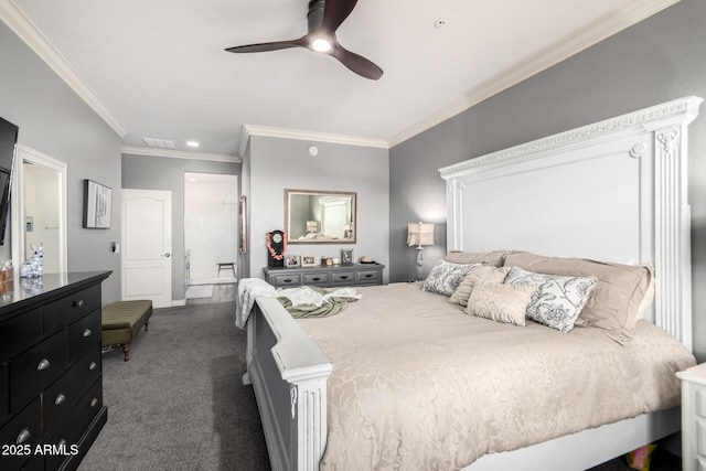 2425 W Bronco Butte Trl Unit 2028, Phoenix, AZ 85085 - bedroom featuring ornamental molding, dark colored carpet, and a ceiling fan