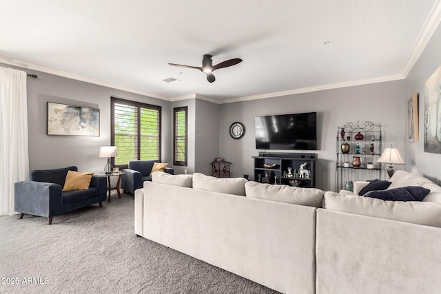 2425 W Bronco Butte Trl Unit 2028, Phoenix, AZ 85085 - living room featuring carpet flooring, ornamental molding, and ceiling fan