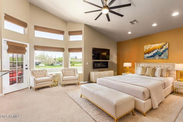bedroom featuring access to outside, carpet, recessed lighting, high vaulted ceiling, and ceiling fan