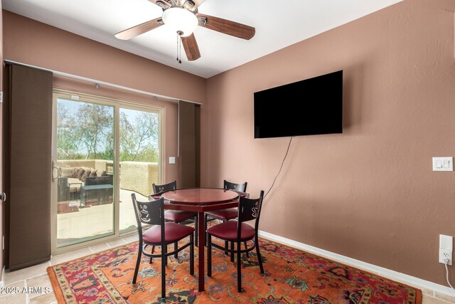 dining room featuring ceiling fan and baseboards