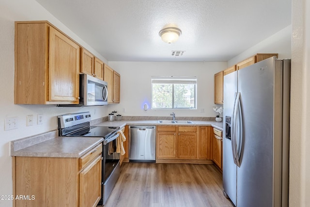 941 E Desert Moon Trl, San Tan Valley, AZ 85143 - kitchen featuring stainless steel appliances, light wood-style floors, light countertops, and a textured ceiling