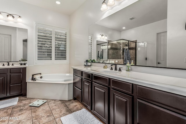 19571 E Strawberry Dr, Queen Creek, AZ 85142 - bathroom with a sink, a garden tub, two vanities, and a shower stall