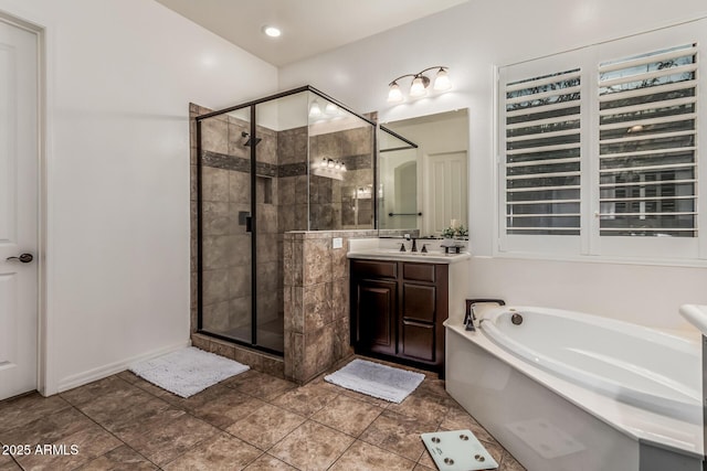 19571 E Strawberry Dr, Queen Creek, AZ 85142 - full bathroom with tile patterned flooring, vanity, a stall shower, and a bath