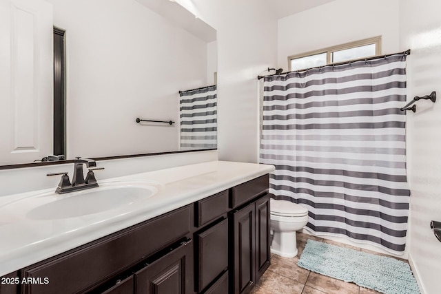 19571 E Strawberry Dr, Queen Creek, AZ 85142 - bathroom with toilet, vanity, curtained shower, and tile patterned floors