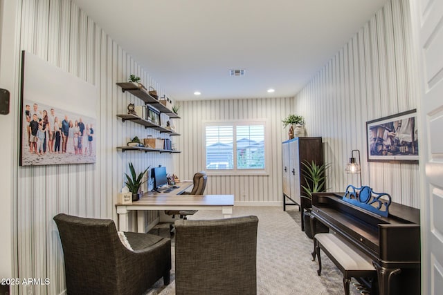 office featuring visible vents, recessed lighting, and carpet floors