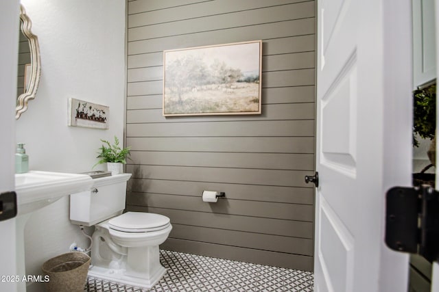 half bathroom with wooden walls, toilet, and a sink