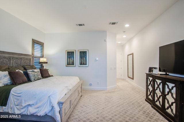 bedroom featuring recessed lighting, baseboards, visible vents, and light carpet