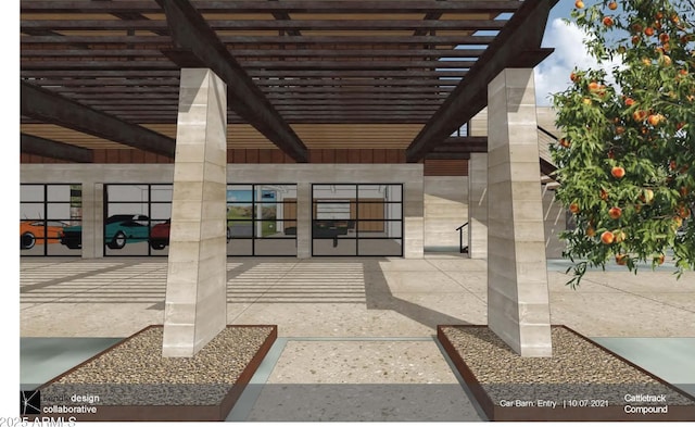 view of exterior entry with a pergola