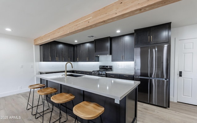 kitchen featuring a kitchen bar, stainless steel appliances, beamed ceiling, sink, and a center island with sink