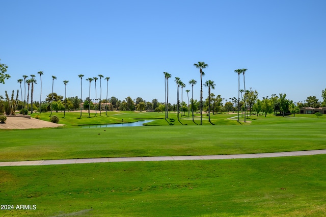 view of community with a yard and a water view