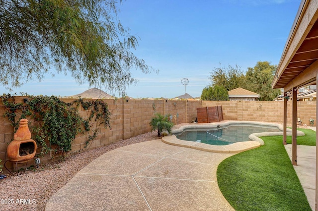 view of pool with a fireplace and a patio