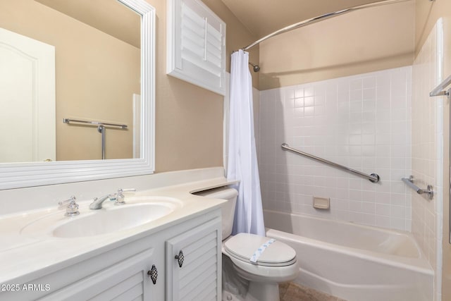 bathroom featuring toilet, shower / bath combo, and vanity