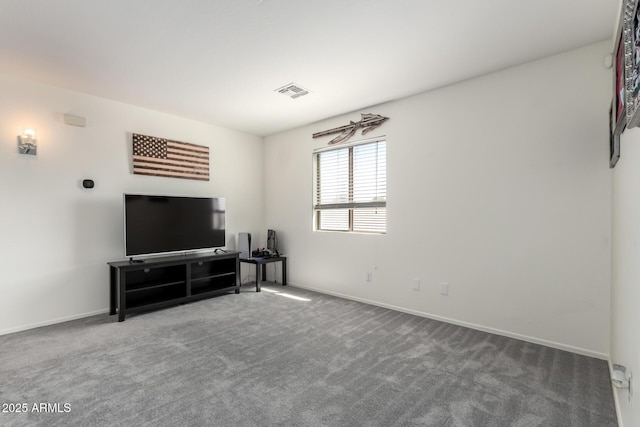 carpeted living area with baseboards and visible vents