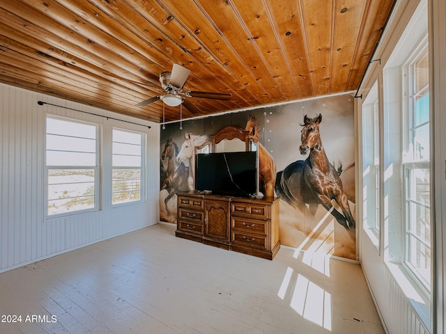 living room featuring ceiling fan and wood ceiling