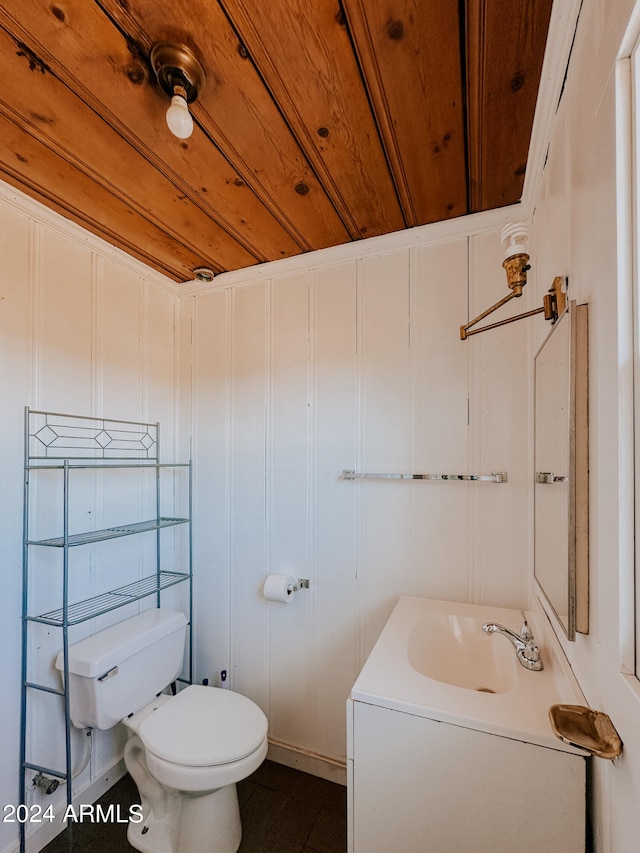 bathroom with wood ceiling, vanity, and toilet