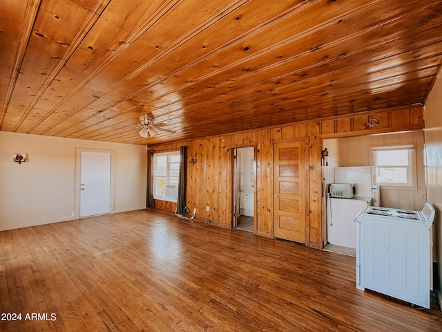 interior space with wooden ceiling, wood-type flooring, wooden walls, and ceiling fan