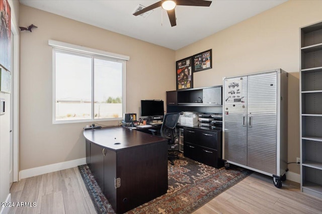 home office featuring ceiling fan and light hardwood / wood-style floors