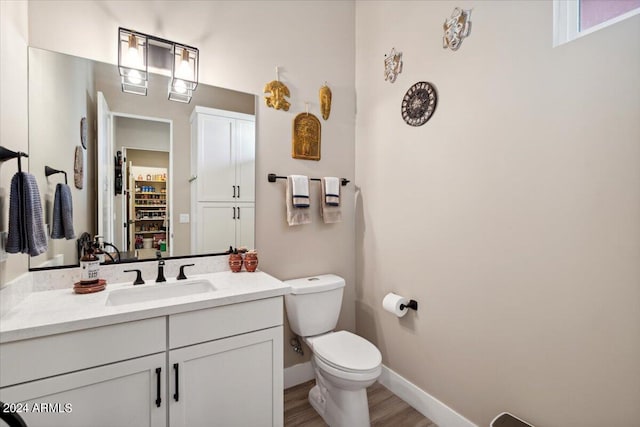 bathroom with wood-type flooring, vanity, and toilet