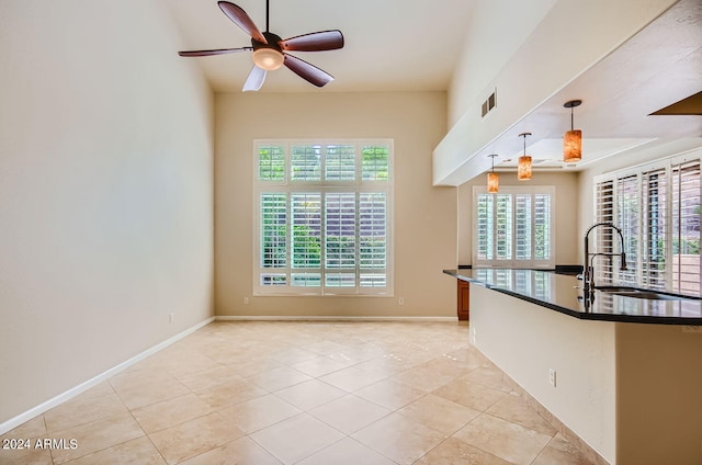 kitchen featuring ceiling fan, hanging light fixtures, sink, and plenty of natural light