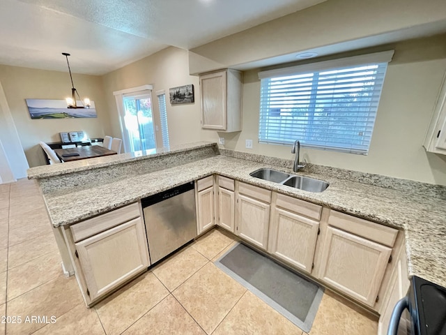 kitchen featuring a peninsula, electric range oven, a sink, pendant lighting, and dishwasher