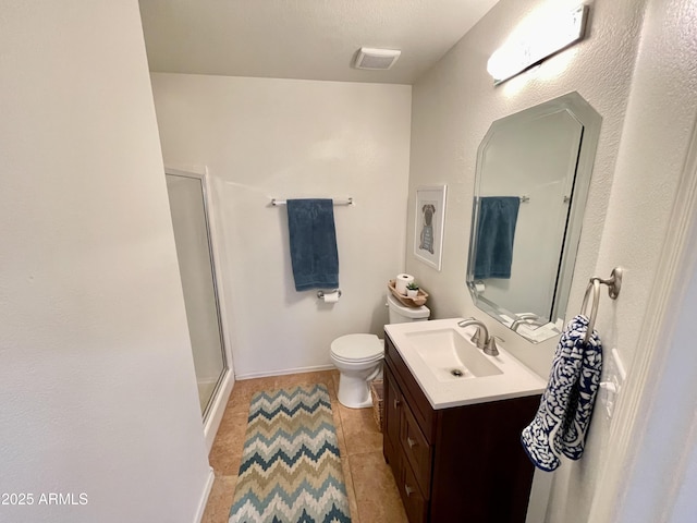 full bathroom with vanity, visible vents, baseboards, a stall shower, and toilet