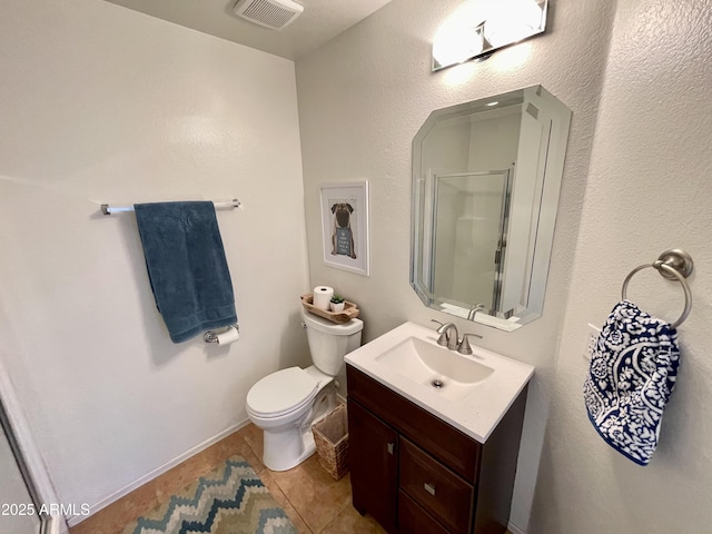 full bathroom featuring vanity, visible vents, a stall shower, tile patterned flooring, and toilet