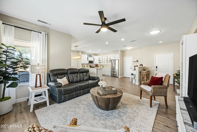 living room featuring ceiling fan and wood-type flooring