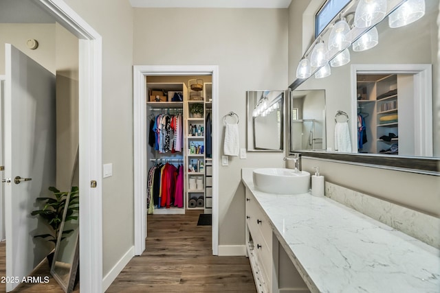 bathroom with hardwood / wood-style flooring and vanity