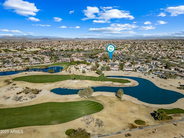 bird's eye view featuring a water and mountain view