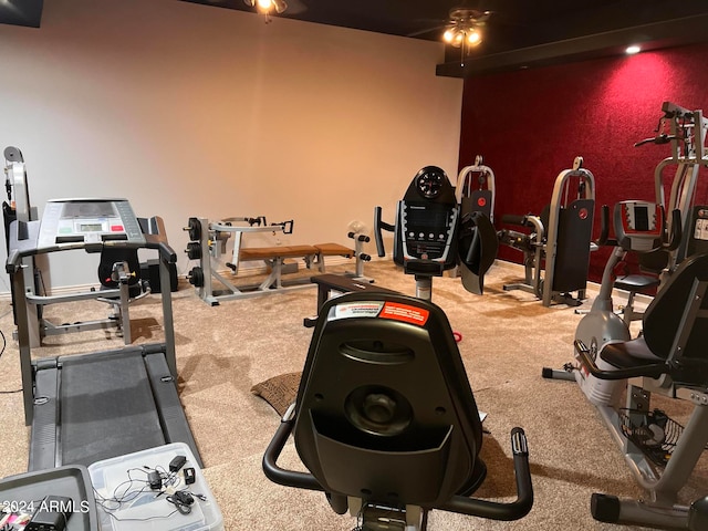 workout area with ceiling fan and carpet flooring