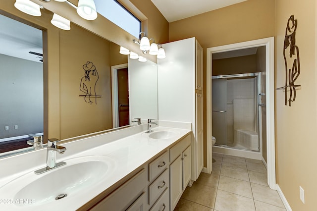 full bath featuring toilet, tile patterned flooring, a sink, and a stall shower