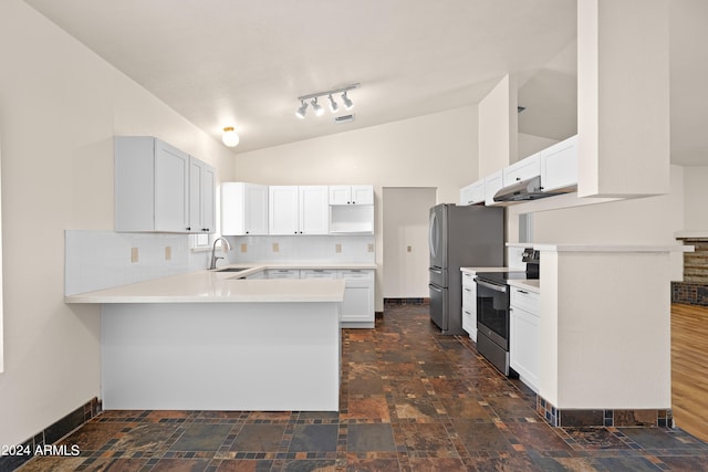 kitchen featuring sink, white cabinetry, kitchen peninsula, vaulted ceiling, and appliances with stainless steel finishes