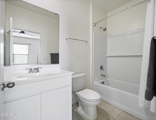 full bathroom featuring tiled shower / bath, toilet, tile patterned floors, and vanity